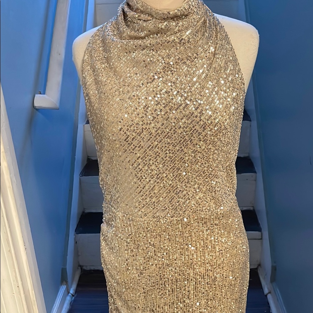 Main Strip Gold Sequin Backless Dress